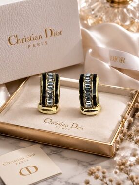 Dior Gold and Black Crystal Clip-On Hoop Earrings (NO BOX)